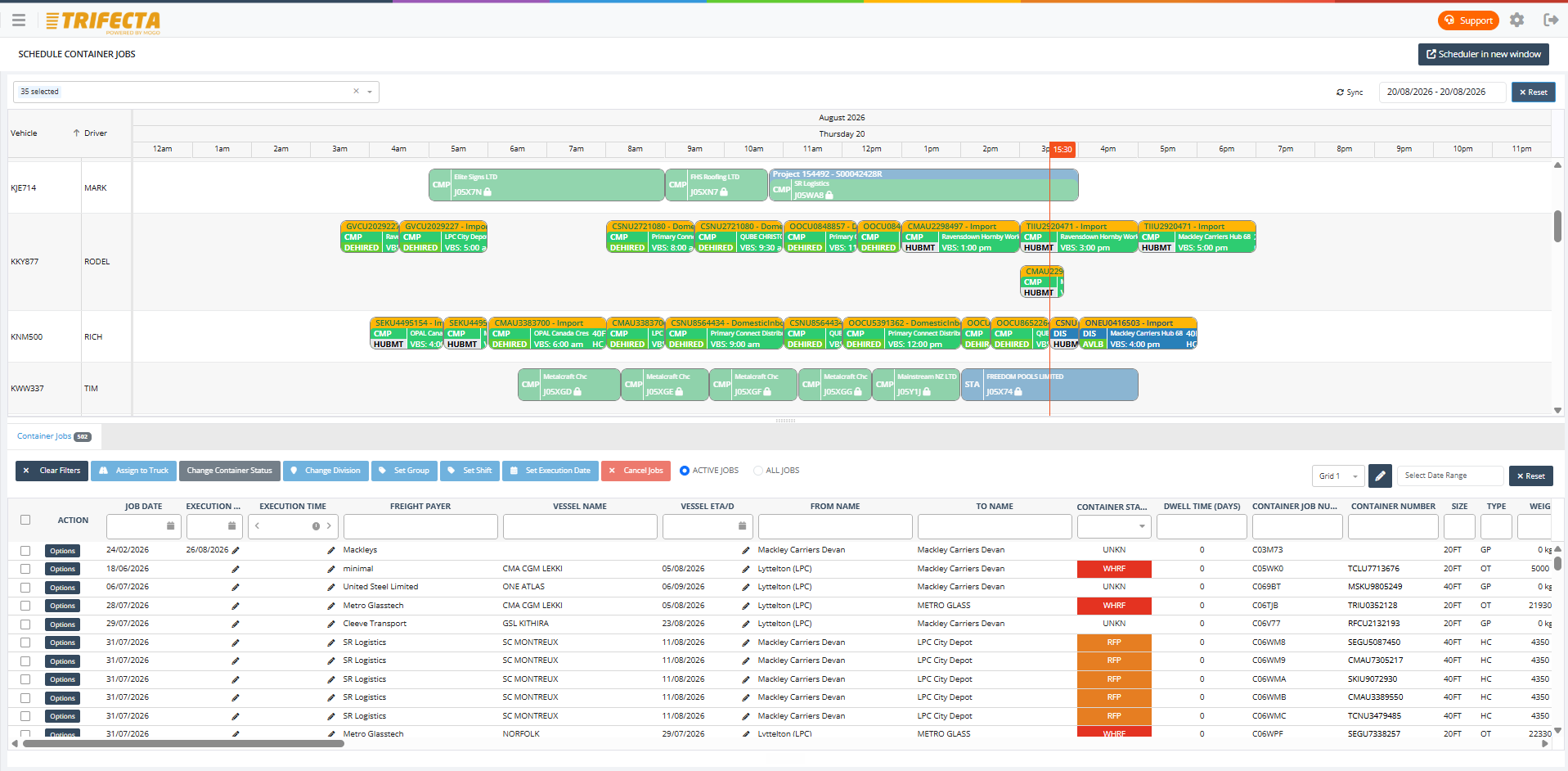 Schedule Container Jobs — vehicle timeline and job scheduling grid