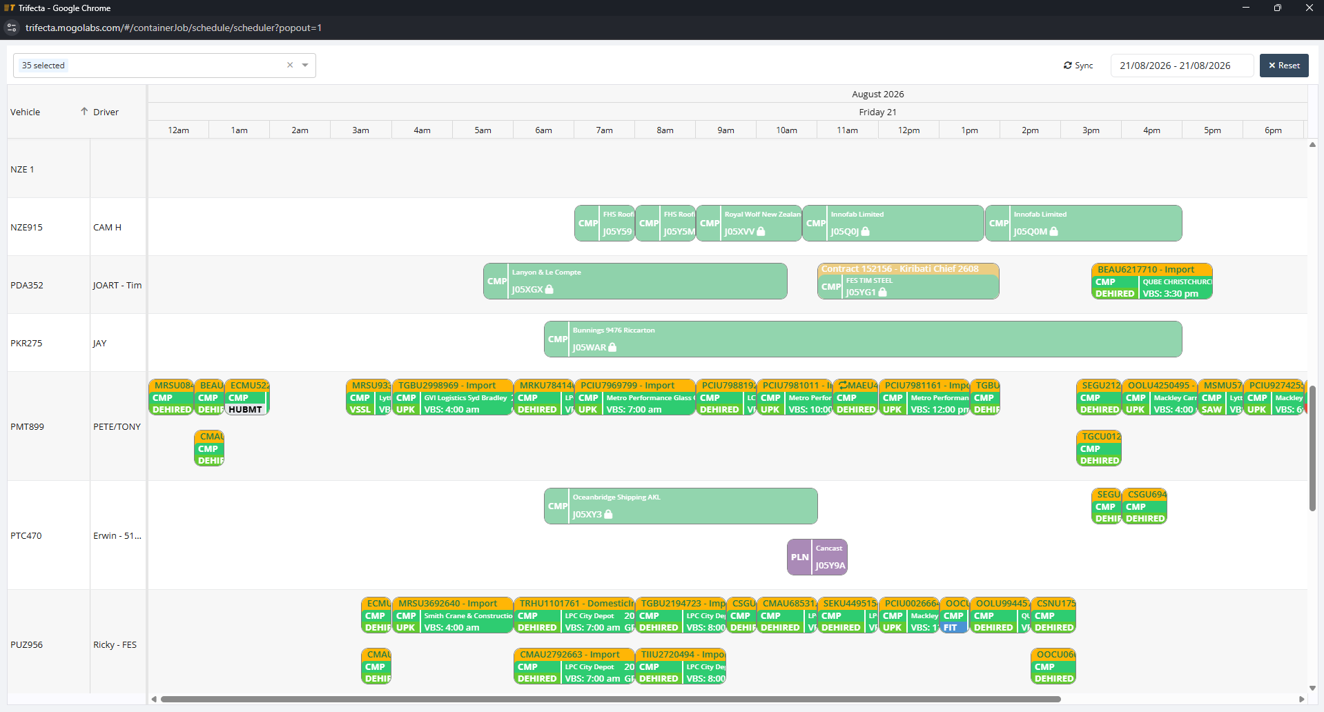 Container timeline screen